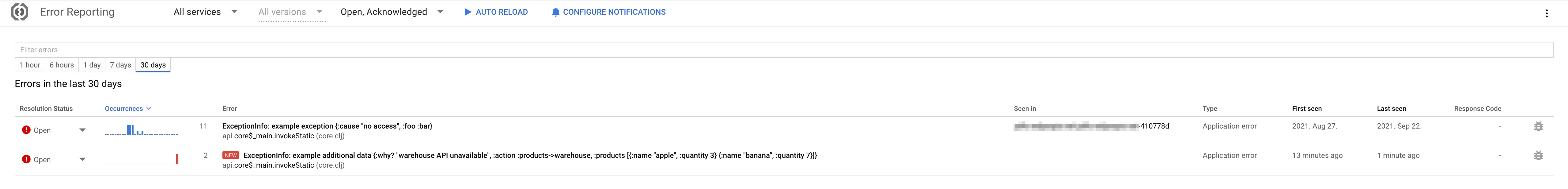 Google Error Reporting list